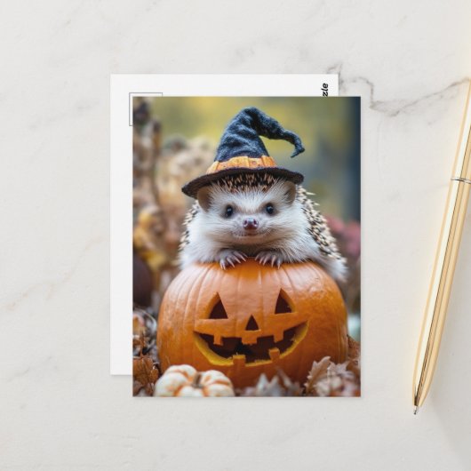 Schattige Halloween Hedgehog Briefkaart (Voorkant / Achterkant in situ)