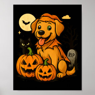Schattige Halloween-hond met pompoenen en zwarte k Poster