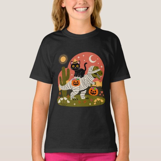 Schattige Halloween kat op dinosaurus - Spooky Fun T-shirt (Voorkant)