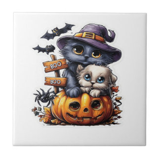 Schattige Halloween kat sticker � Heksenhoed, Pomp Tegeltje