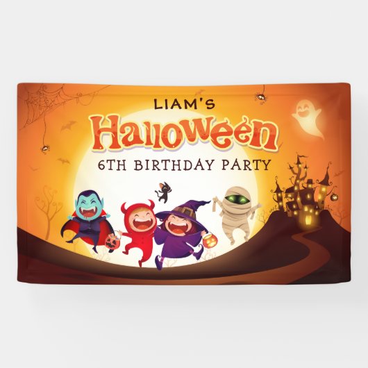 Schattige Halloween Kinder Oranje Verjaardagsfeest Spandoek (Horizontaal)