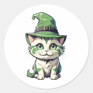 Schattige Halloween Kitten met groen pet Ronde Sticker