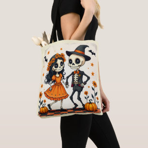 Schattige Halloween Skeleton Paar in Sinaasappel Draagtas