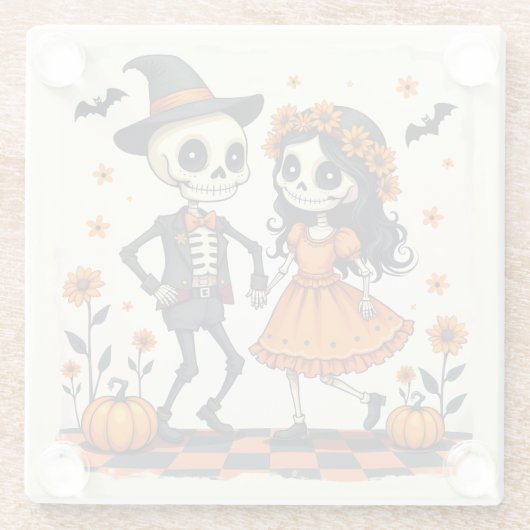 Schattige Halloween Skeleton Paar in Sinaasappel Glazen Onderzetter (Achterkant)