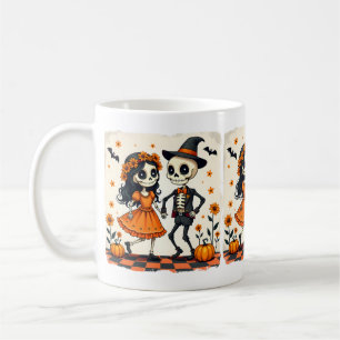 Schattige Halloween Skeleton Paar in Sinaasappel Koffiemok