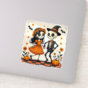 Schattige Halloween Skeleton Paar in Sinaasappel Sticker