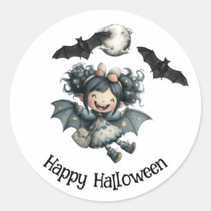 Schattige Halloween Vampier Meisje met Vleermuizen Ronde Sticker