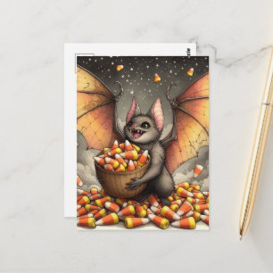 Schattige Halloween-vleermuis met snoep Briefkaart