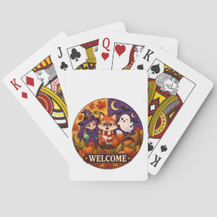 Schattige Halloween Vos Heks Geest Herfst Welkom Pokerkaarten