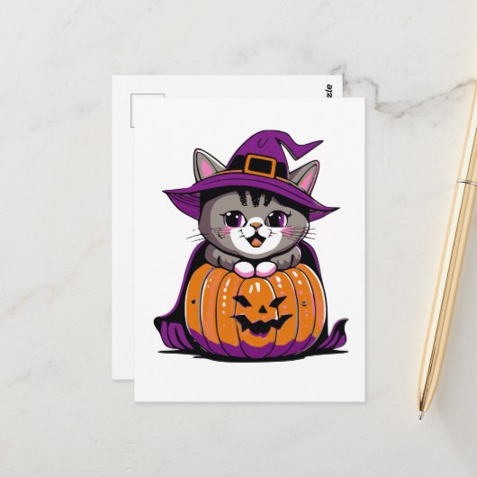 Schattige Halloween Witch Cat Briefkaart (Voorkant / Achterkant in situ)