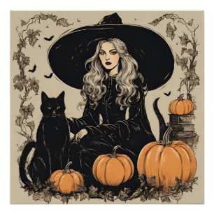Schattige  Halloween Witch met Black Cat Perfect Poster