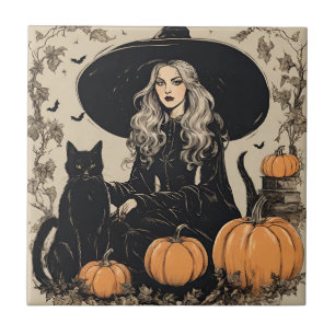 Schattige Halloween Witch met Black Cat Tegeltje