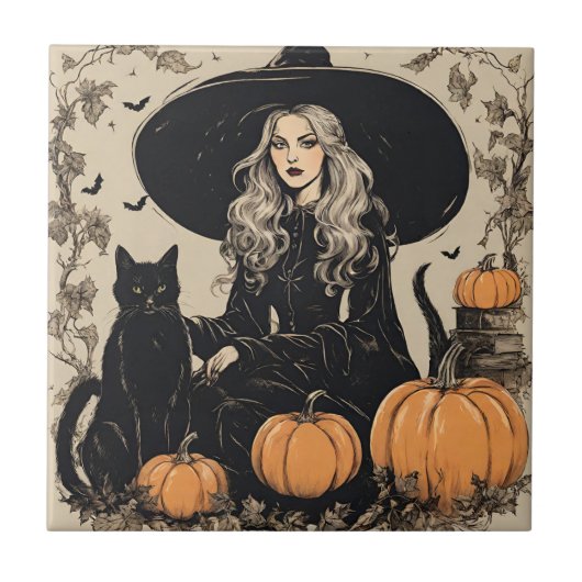 Schattige  Halloween Witch met Black Cat Tegeltje (Voorkant)