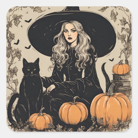 Schattige  Halloween Witch met Black Cat Vierkante Sticker (Voorkant)