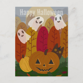 Schattige Halloween Zwarte Kat en Geesten Herfst P Briefkaart
