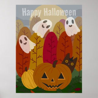 Schattige Halloween Zwarte Kat en Geesten Herfst P Poster