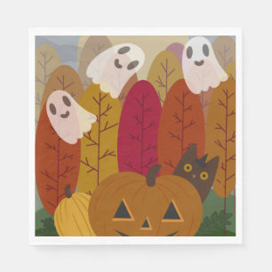 Schattige Halloween Zwarte Kat en Geesten Herfst P Servet