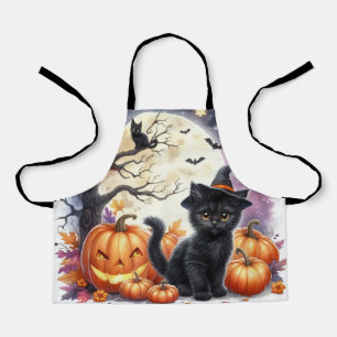 Schattige Halloween Zwarte Kat en Pompoenen Schort