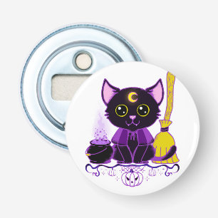 Schattige Halloween Zwarte Kat Heks Button Flesopener