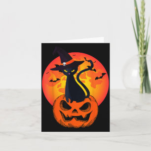 Schattige Halloween Zwarte Kat Heks Hoed Pompoen V Kaart