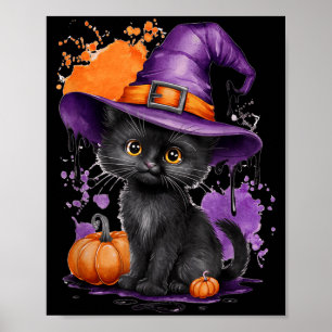 Schattige Halloween Zwarte Kat Heksenhoed Pompoen Poster