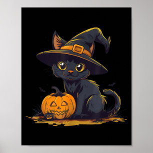 Schattige Halloween Zwarte Kat Heksenhoed Pompoen Poster