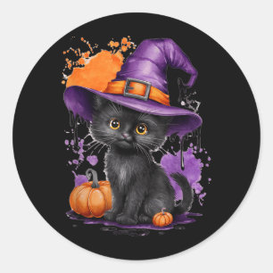 Schattige Halloween Zwarte Kat Heksenhoed Pompoen Ronde Sticker