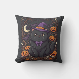 Schattige Halloween Zwarte Kat Heksenhoed Pompoene Kussen