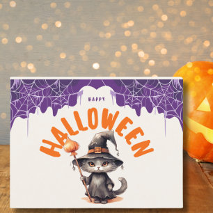 Schattige Halloween Zwarte Kat in Heksenhoed Feestdagenkaart