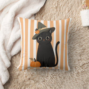 Schattige Halloween Zwarte Kat met Heksenhoed Pomp Kussen