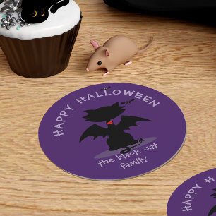 Schattige Halloween Zwarte Kat Vleermuis Feest Pap Ronde Kartonnen Onderzetter
