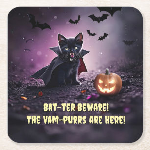 Schattige Halloweenfeest met Black Cat Vampire Vierkante Kartonnen Onderzetter