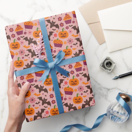 Schattige Halloweenpatroon | Roze & Oranje feestel Cadeaupapier (Geschenken)