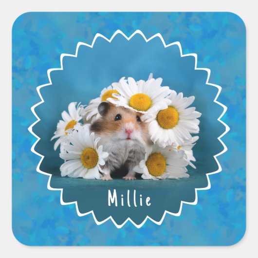 Schattige hamster in White Daisy Bouquet Vierkante Sticker (Voorkant)