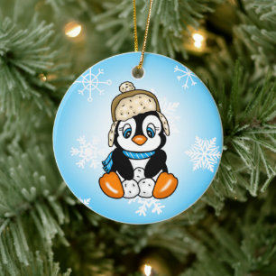 Schattige Hand getrokken Pinguïn met Sneeuwballen Keramisch Ornament