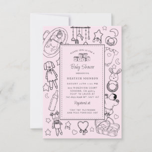 Schattige handgetekende baby shower roze meisje kaart