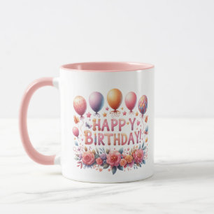 Schattige Happy Birthday ballons bloemen toevoegen Mok