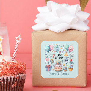 Schattige Happy Birthday cake voeg naam toe Vierkante Sticker