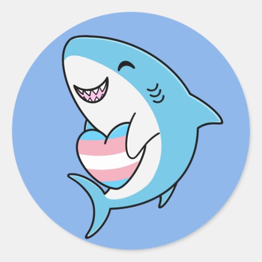 Schattige Happy Blahaj Blauwe Haai Holding Trans H Ronde Sticker (Voorkant)