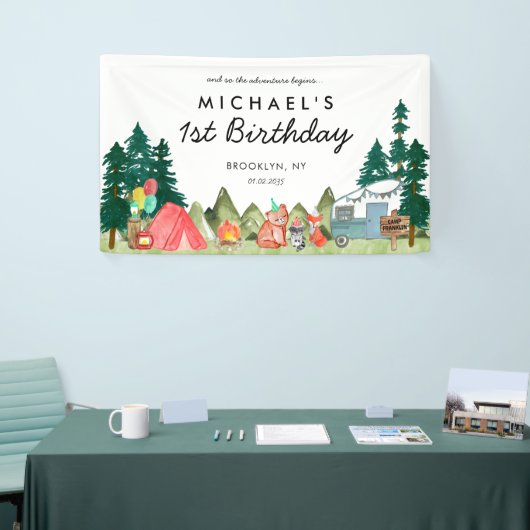 Schattige Happy Camper Van Trees Camping Kids Verj Spandoek (Beurs)