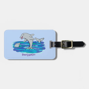 Schattige happy dolphins cartoon illustratie bagagelabel
