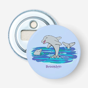 Schattige happy dolphins cartoon illustratie button flesopener