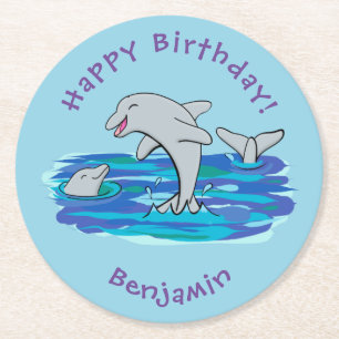 Schattige happy dolphins cartoon illustratie ronde kartonnen onderzetter