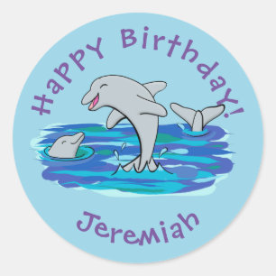 Schattige happy dolphins cartoon illustratie ronde sticker