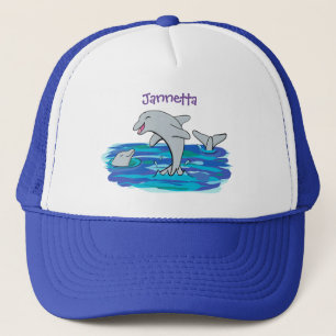 Schattige happy dolphins cartoon illustratie trucker pet