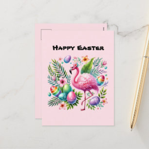 Schattige Happy Easter pink flamingo voeg bericht Feestdagenkaart