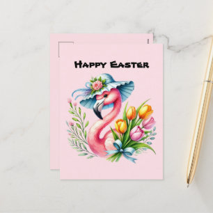 Schattige Happy Easter pink flamingo voeg bericht Feestdagenkaart