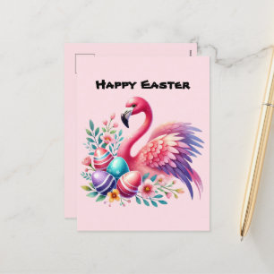 Schattige Happy Easter pink flamingo voeg bericht Feestdagenkaart