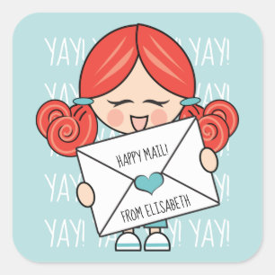 Schattige Happy Mail Redhead Meisje Roze Hart Seal Vierkante Sticker
