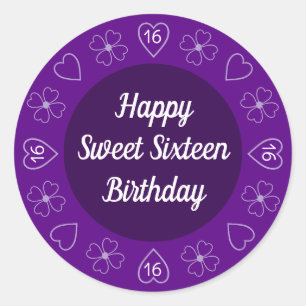 Schattige Happy Sweet 16 Verjaardag Paarse Feestel Ronde Sticker